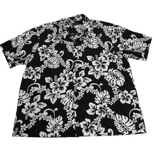Pali Collection Hawaiian Shirt Black White Floral Button Up Made In Hawaii 2XL